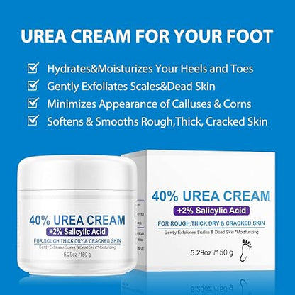 40% Urea Cream 2% Salicylic Acid Foot Cream for Dry Cracked Feet 5.29 oz